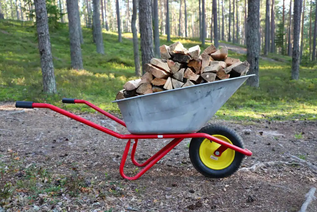 A metal wheelbarrow with a yellow wheel is filled with chopped firewood and is standing on a forest floor surrounded by trees and greenery.