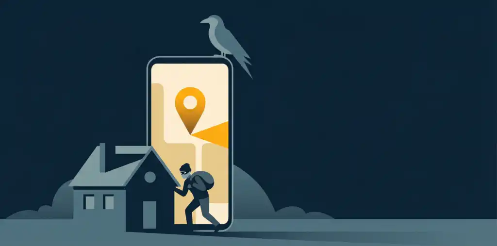 A burglar with a sack sneaks toward a house, coming from a giant smartphone displaying a location pin on a map. A bird is perched on top of the phone against a dark background.
