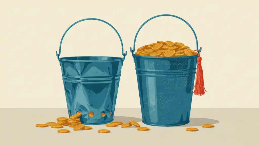 A dented bucket leaks gold coins through small holes beside an intact, brimming bucket tied with a graduation tassel