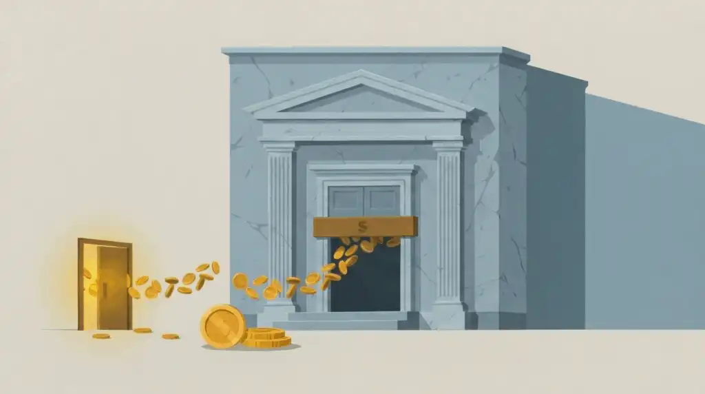 Illustration of a slate-blue bank facade with its front door sealed by a bronze bar and a glowing gold side door open below, gold coins flowing through it, representing the backdoor Roth conversion route for high earners.