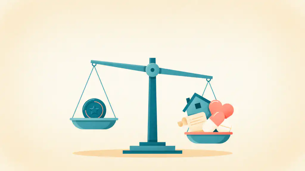Balance scale tipping toward a pan of itemized deductions, a house, receipt, heart, and pill, outweighing a single coin representing the standard deduction.