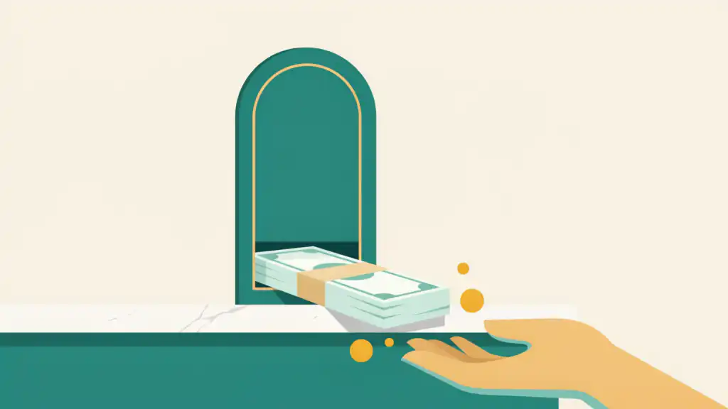 Illustration of a bank teller window sliding a stack of cash toward an open hand, representing a bank paying a cash bonus to a new account holder.