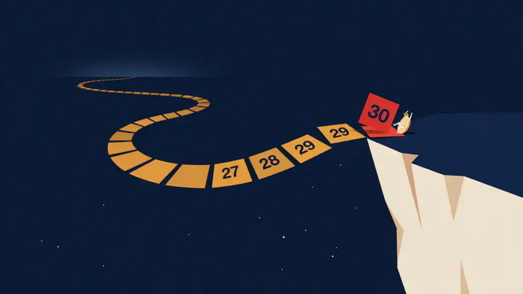 Illustration of a path of calendar tiles leading to a cliff edge marked day 30, with a small coin figure pausing at the brink before the drop