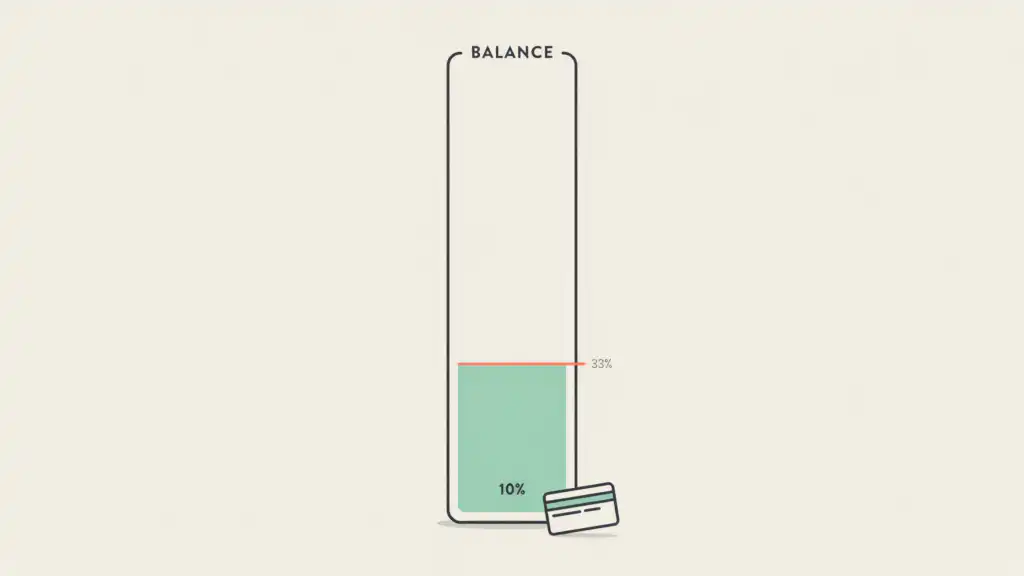 Illustration of a credit card shaped as a vertical gauge filled only one-tenth full, with a threshold line marking the 30% level, showing low credit utilization