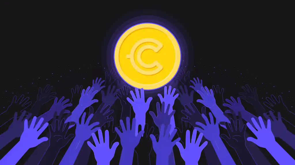A glowing crypto coin held up by a crowd of small reaching hands above an empty dark void.