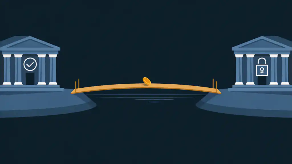 Flat illustration of two bank buildings on separate islands connected by a long bridge, with a single gold coin resting midway, representing an emergency fund kept at a distance from a checking account