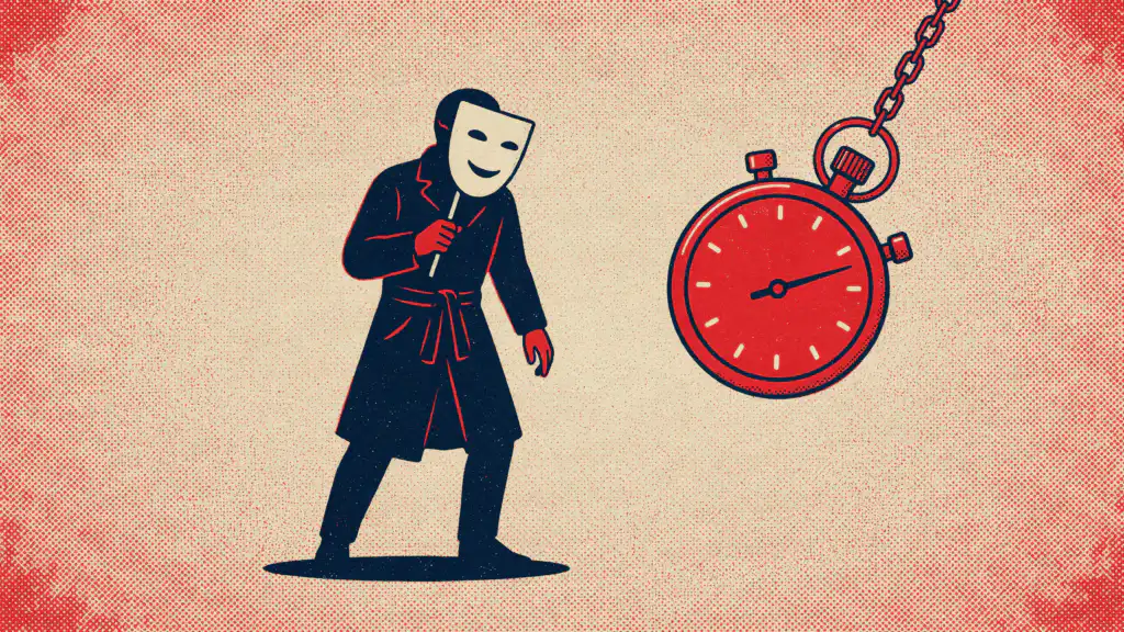 Scam artist in a belted trench coat hiding behind a smiling mask on a stick, a big red stopwatch swinging on a chain nearby