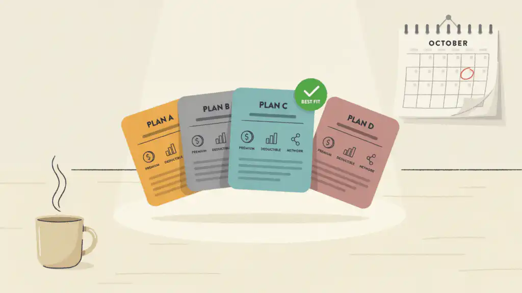 Fanned health-plan cards on a desk, one lifted with a green checkmark, beside a wall calendar with one week ringed.