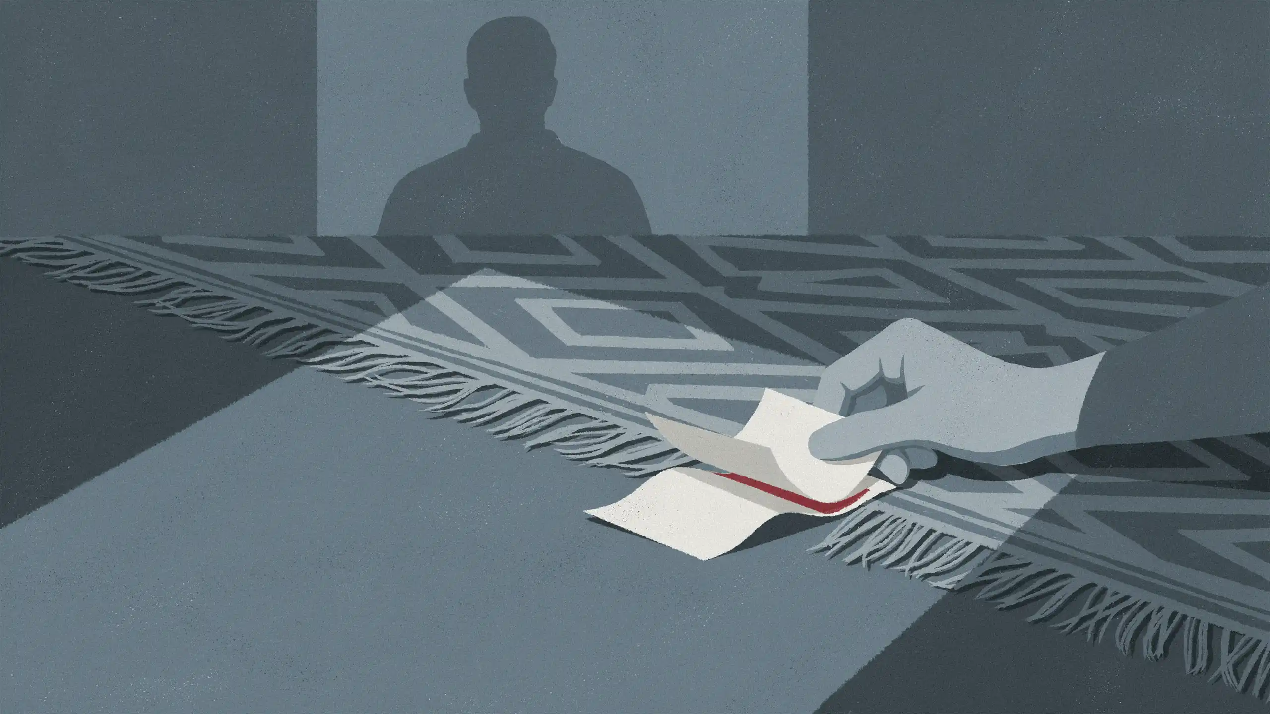 Illustration of a hand hiding a folded receipt under a rug while a partner stands turned away, symbolizing financial infidelity and hidden spending in a relationship.