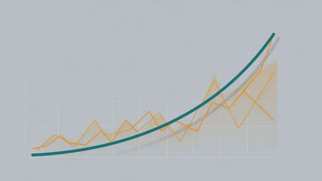 Flat vector illustration of a single steady teal line rising in a smooth upward arc while a tangle of erratic amber lines stalls and falls behind, showing an index fund outpacing actively managed funds over time.