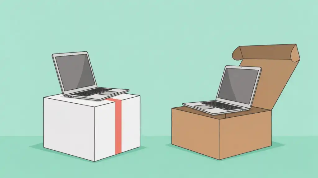 Two identical slate-gray laptops side by side, one in a sealed new box and one in an opened box, showing certified refurbished electronics are the same gear for less.