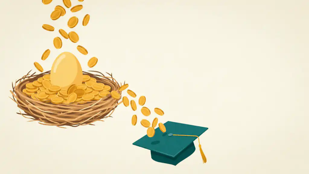 Gold coins fill a retirement nest egg to the brim and spill over onto a graduation cap below