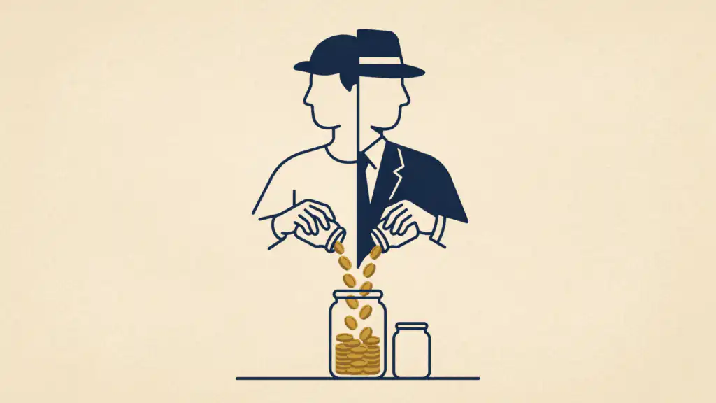 A self-employed person split into employee and employer halves, each pouring gold coins into one retirement jar to show solo 401k dual contributions.
