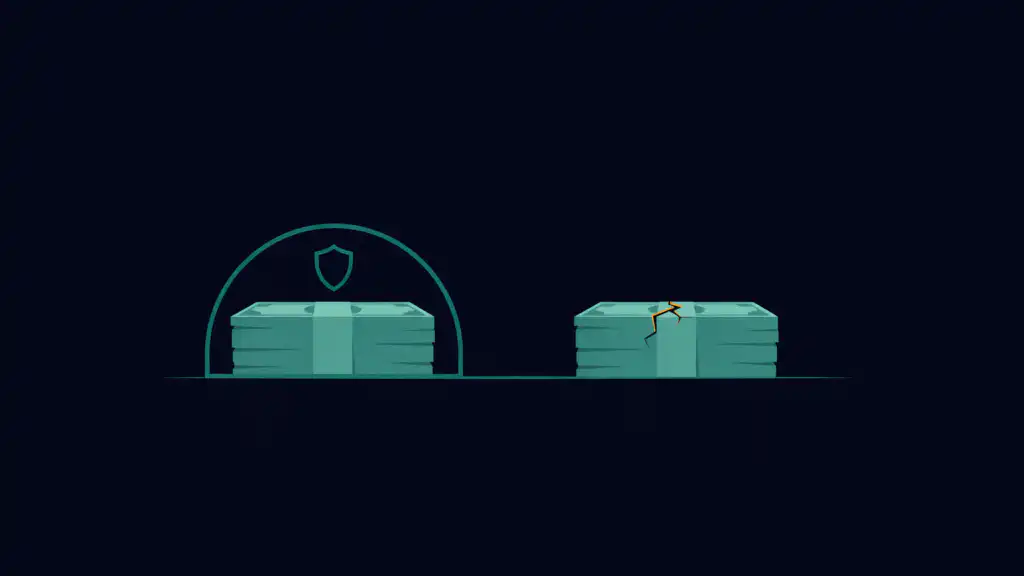 Two near-identical vault doors side by side: the left sealed with a glowing FDIC seal, the right ajar and unstable, illustrating the difference between an FDIC-insured money market account and an uninsured money market fund