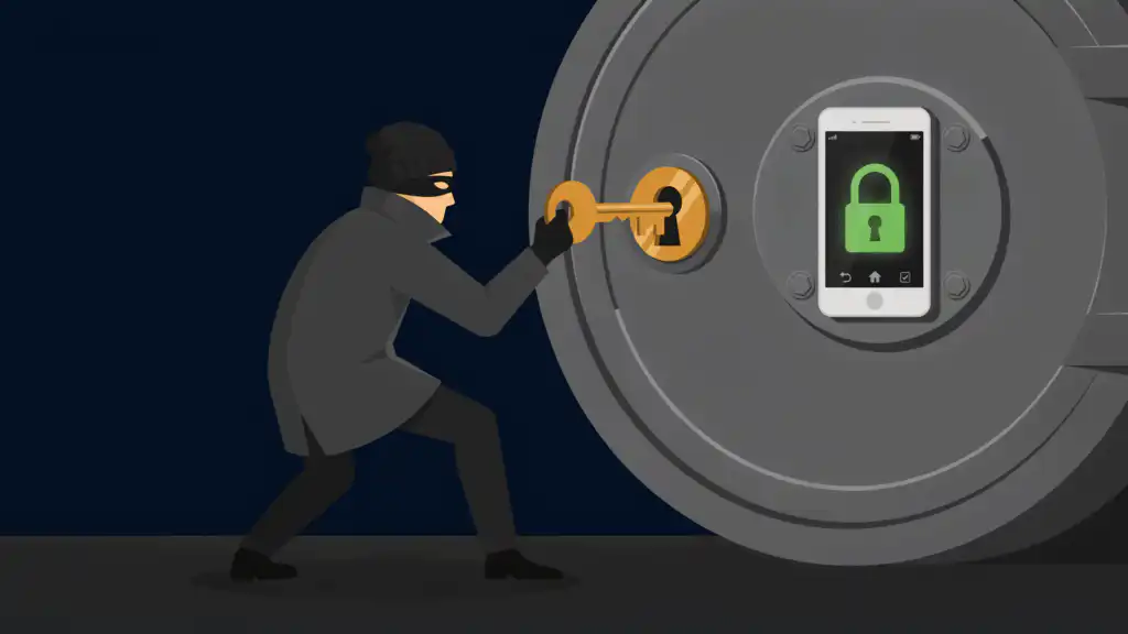 Two-factor authentication as a masked burglar straining at a key in a bank vault door that a smartphone lock keeps shut