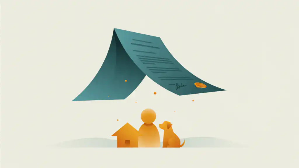 An open will document tilts into a roof, sheltering a small child, a dog, and a house below.