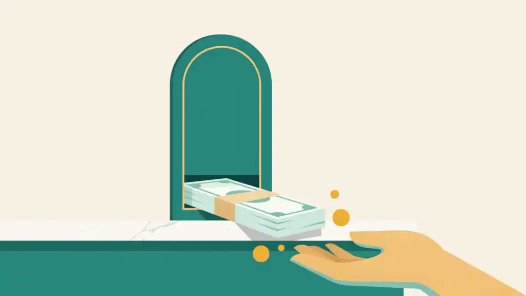 Illustration of a bank teller window sliding a stack of cash toward an open hand, representing a bank paying a cash bonus to a new account holder.