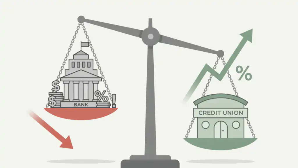 Illustration of a balance scale tipping in favor of a credit union that rises with an upward rate arrow, while a fee-laden bank tower sinks on the heavier side