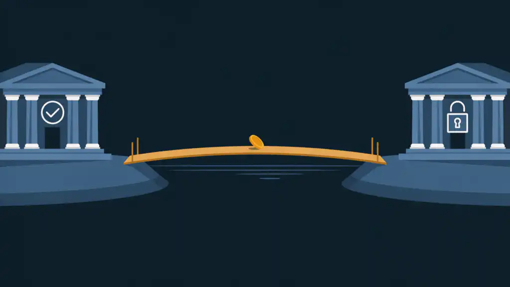 Flat illustration of two bank buildings on separate islands connected by a long bridge, with a single gold coin resting midway, representing an emergency fund kept at a distance from a checking account