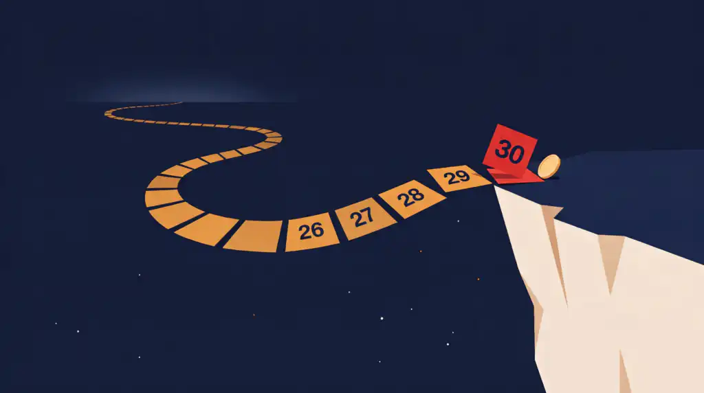 A winding path of day tiles numbered 26 to 29 ends at a red 30 tile on a cliff edge, with a gold coin tipping at the brink.
