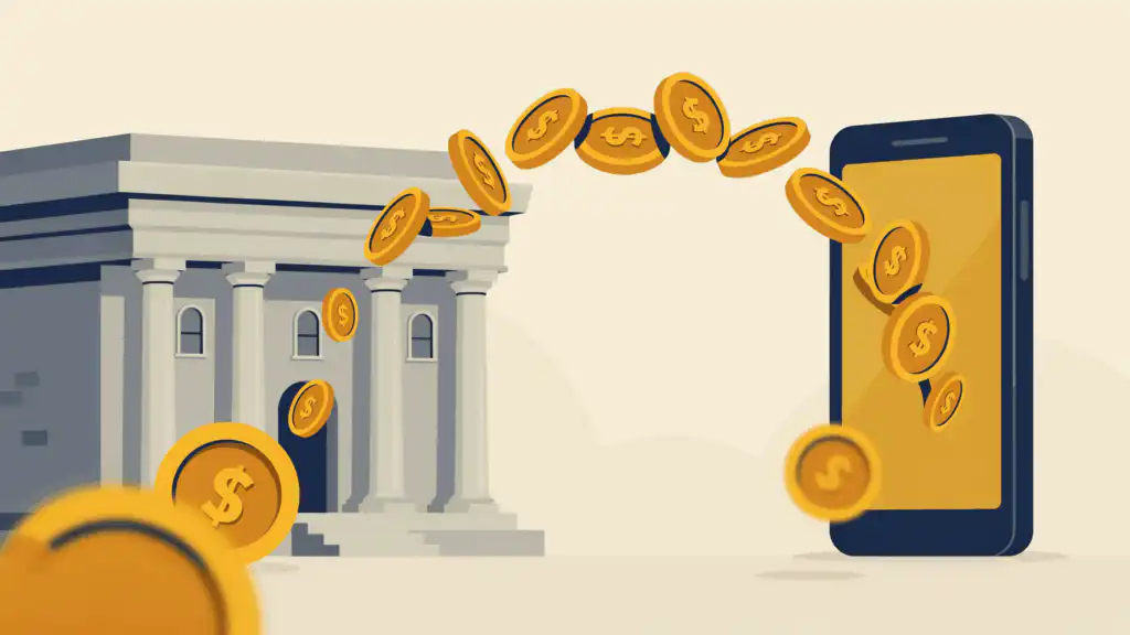 Illustration of gold coins flowing from a traditional branch bank into a smartphone, representing moving savings to a high-yield online account