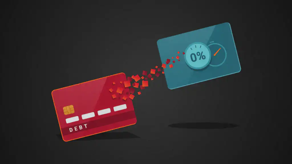 A red credit card sheds a stream of debt squares flowing into a cool 0% card, a ticking timer beside the balance transfer.