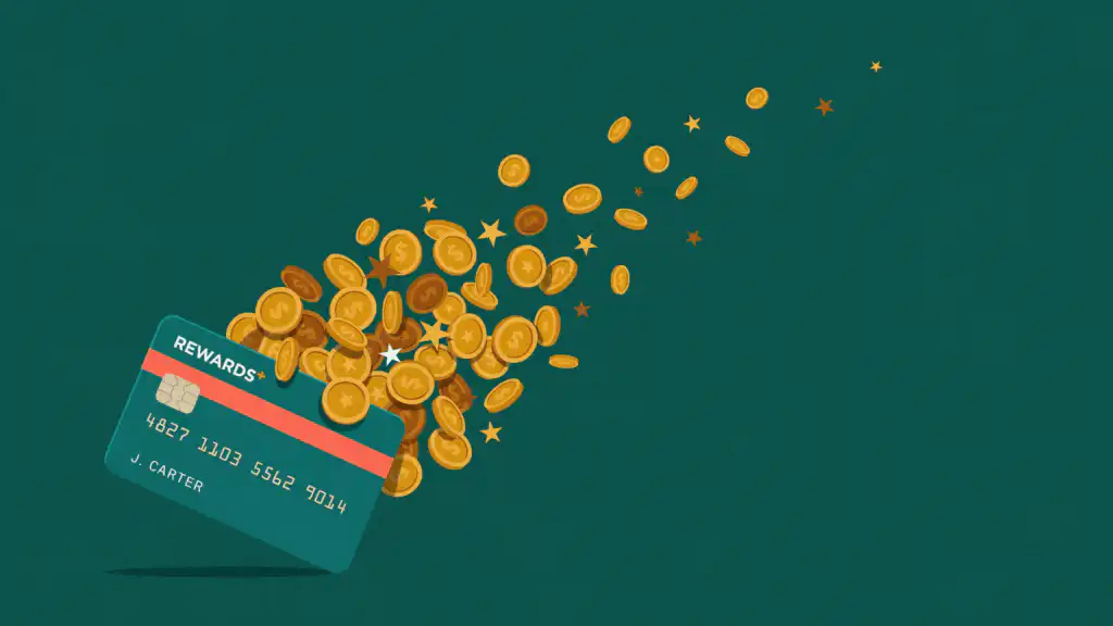 A credit card in the lower-left corner launches a bright fountain of gold coins that thins to a trickle at top right.