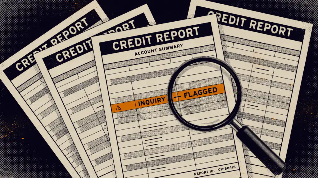 A magnifying glass enlarges one amber-flagged line on three fanned credit reports, spotting an error among the rows.