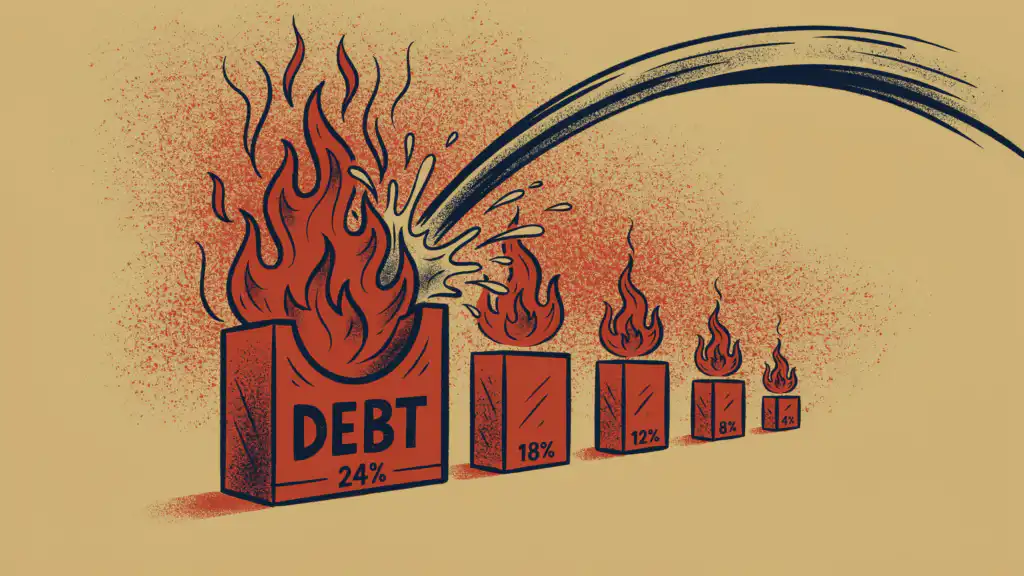 A stream of water douses the largest flame on a row of burning debt blocks, each topped with a differently sized fire.