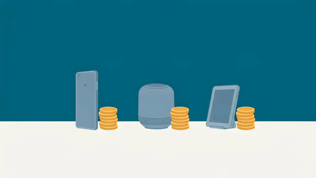 Three grey smart devices in a row, each beside a stack of four gold coins on a cream floor.