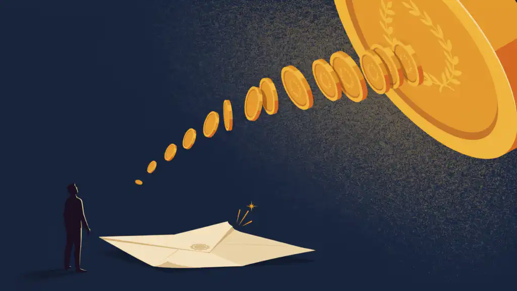 A folded offer letter releases a gold spark and a rising path of growing coins toward a big disc as a small figure looks up.