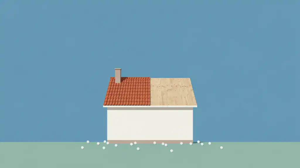 A house with new terracotta tiles on half its roof and bare plywood on the other half