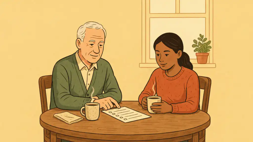 Aging father and grown daughter side by side at a kitchen table, going over a short checklist between two mugs
