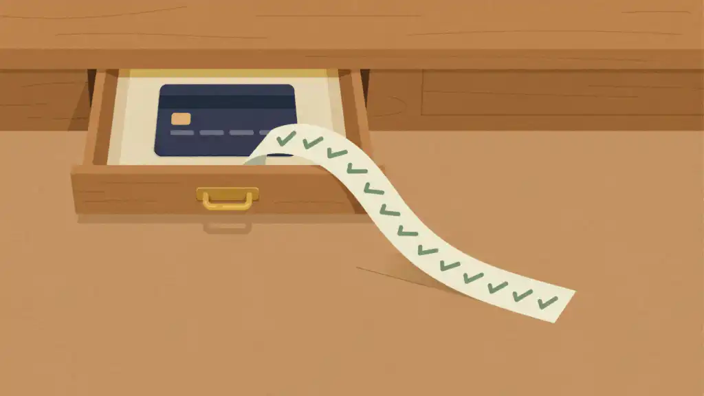 A navy credit card in an open desk drawer as a strip of green check marks spills out