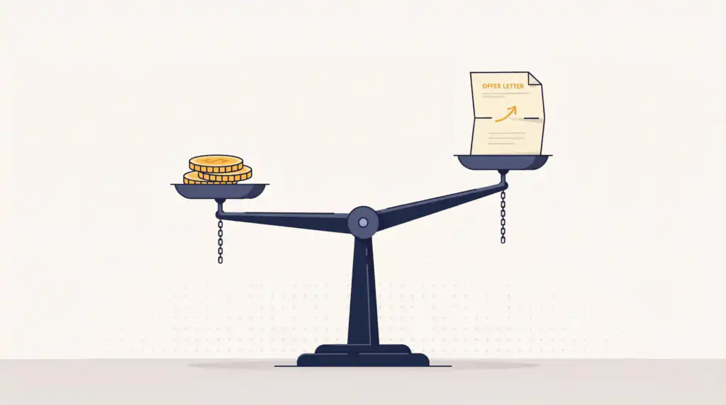 A balance scale tips toward a stack of gold coins, outweighing a page marked OFFER LETTER on the raised right-hand pan.