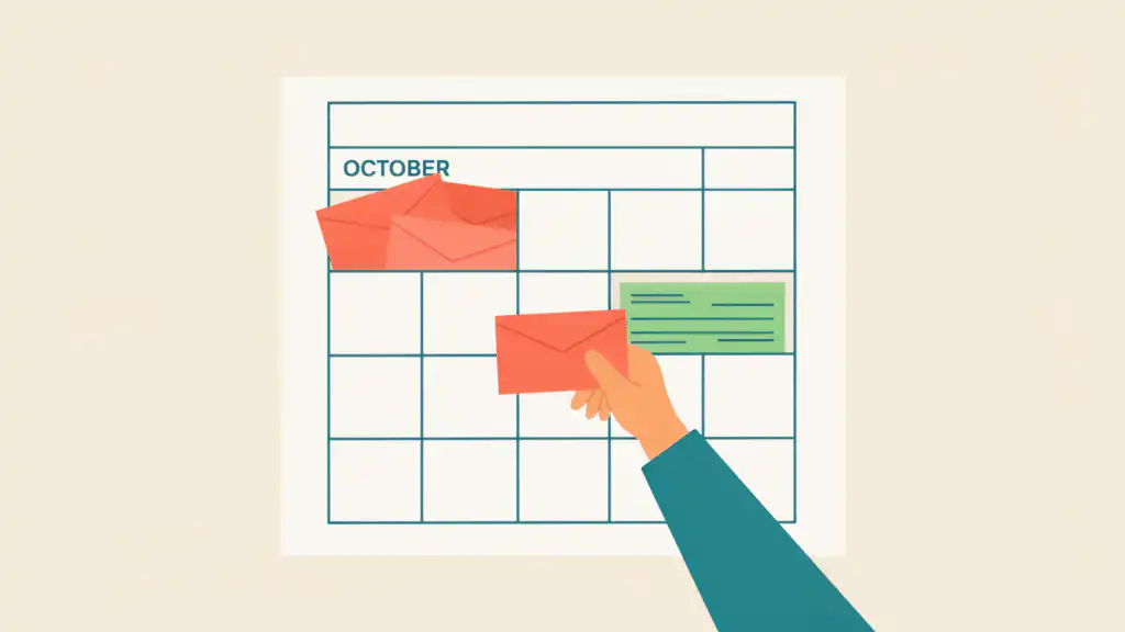 A hand carries a bill envelope from a crowded box on an October calendar to an open spot beside a green paycheck