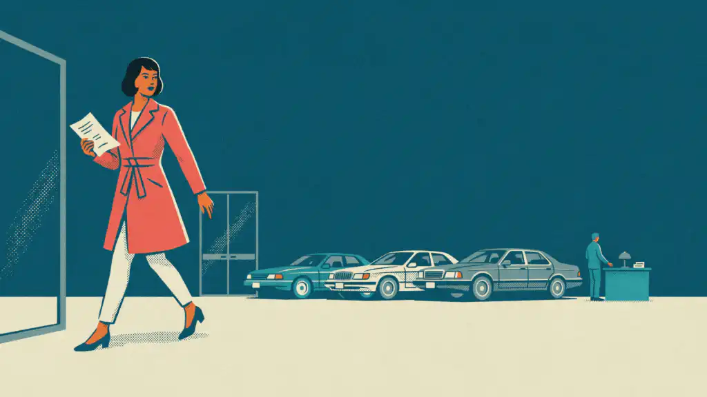 Shopper walking into a car showroom holding a car loan pre-approval letter, with sedans lined up inside