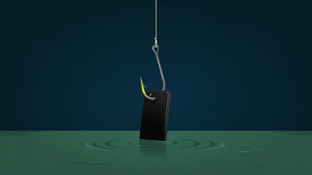 A black smartphone hooked as bait on a large fishing hook, its bottom edge rippling dark green water.