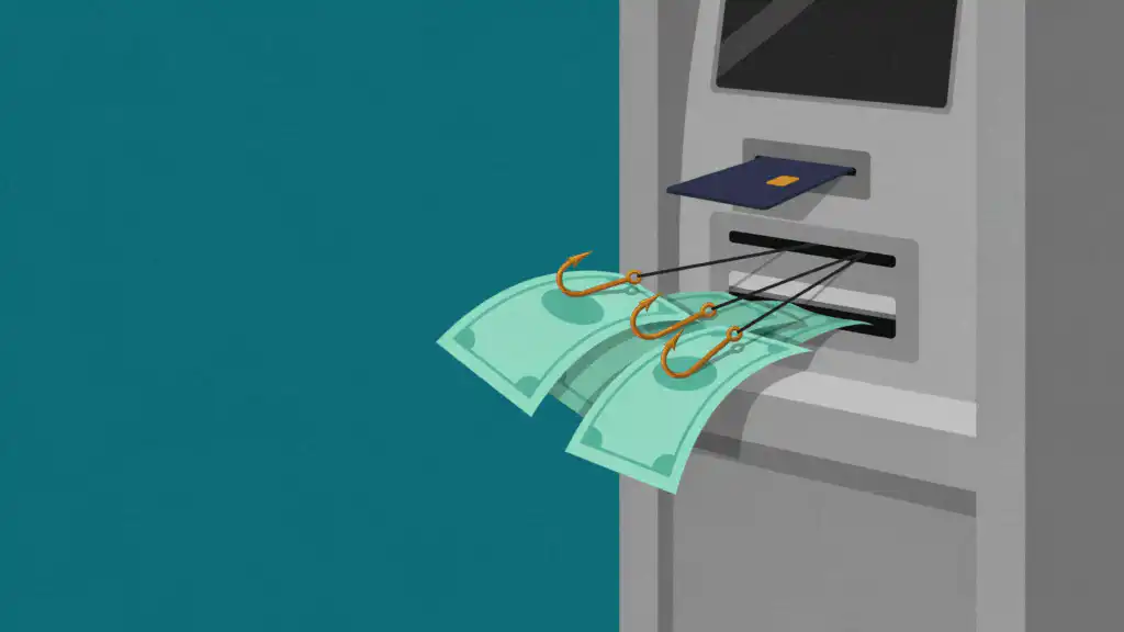 Brass fishing hooks snag paper notes curling out of an ATM cash slot, with a credit card in the card slot above.