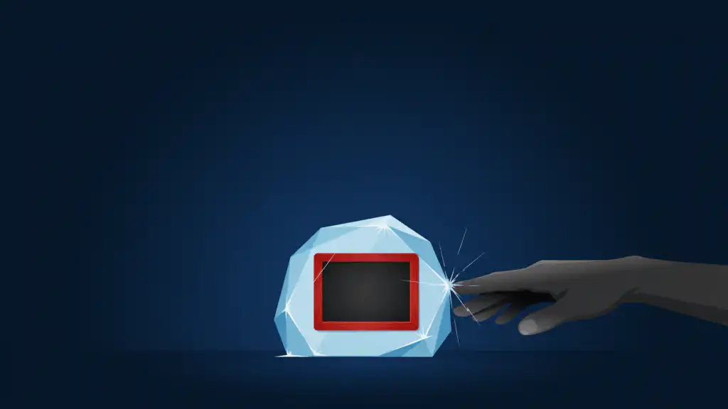A child's clean chalk slate sealed in a faceted block of ice as a dark hand reaching for it stops at the ice