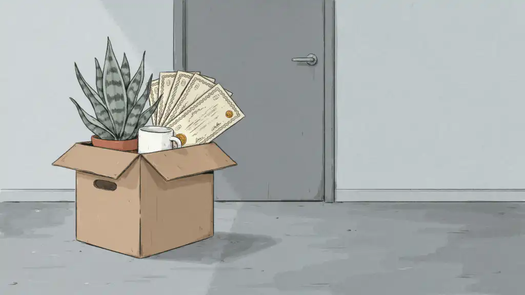 A cardboard office box packed with a snake plant, a coffee mug, and certificates marked STOCK, set by a closed door