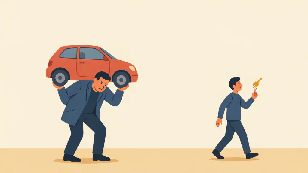 A strained man in a navy suit holds a terracotta car on his shoulders as a young man walks off twirling the car key.