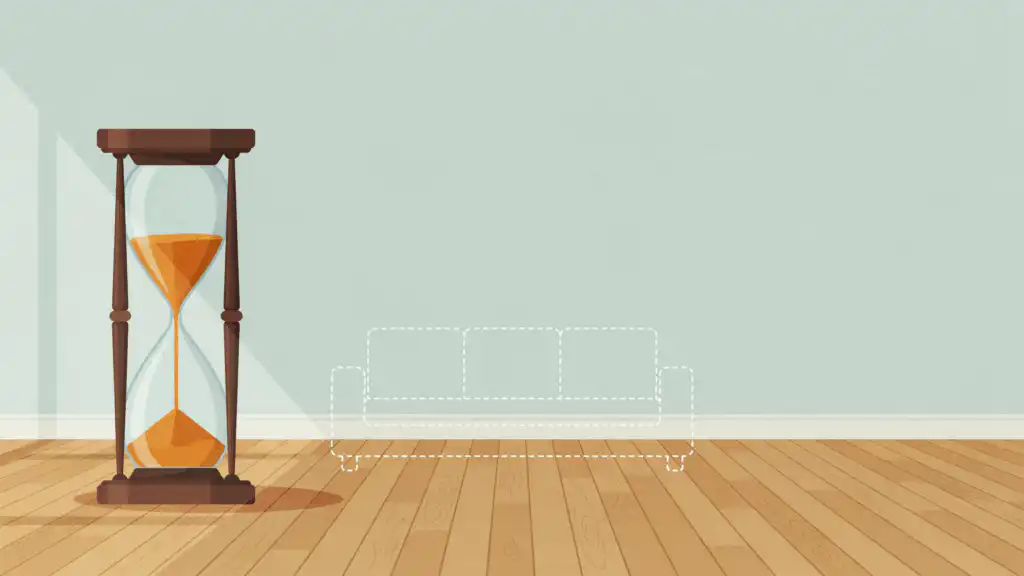 Hourglass with half its sand run out beside the dashed outline of a missing sofa in an empty living room