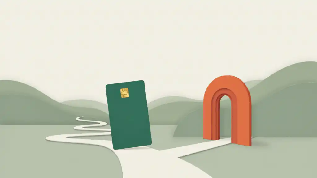 A credit card stands at a fork between a road of winding switchbacks and a short path to an open orange archway