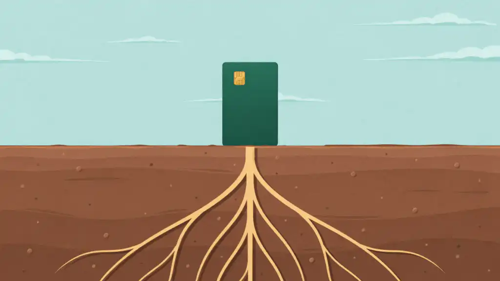 A green credit card stands planted in the soil, long pale roots spreading deep beneath it