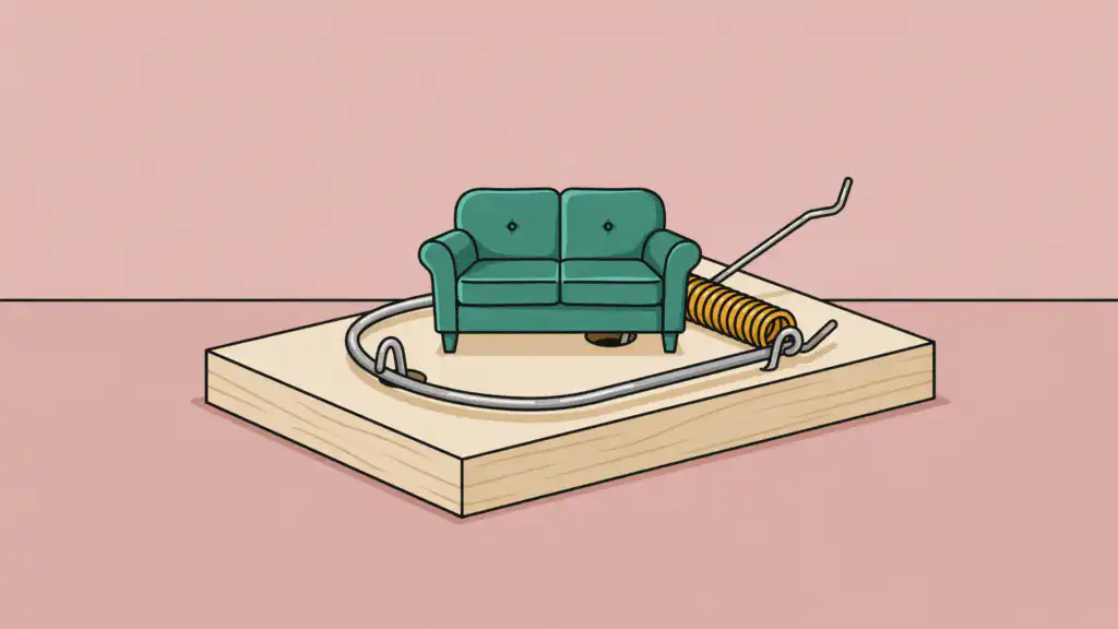 A green loveseat set as bait on an oversized wooden mousetrap, with the steel snap bar looped around it