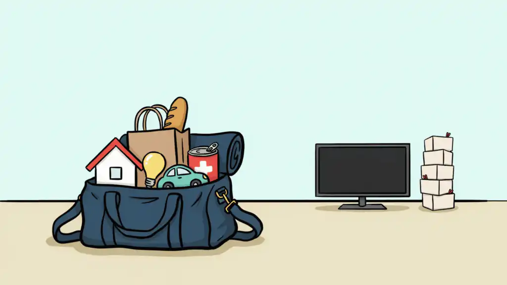 An open navy duffel packed with a house, groceries, a light bulb, a first-aid tin, and a car, with a TV and takeout left out.