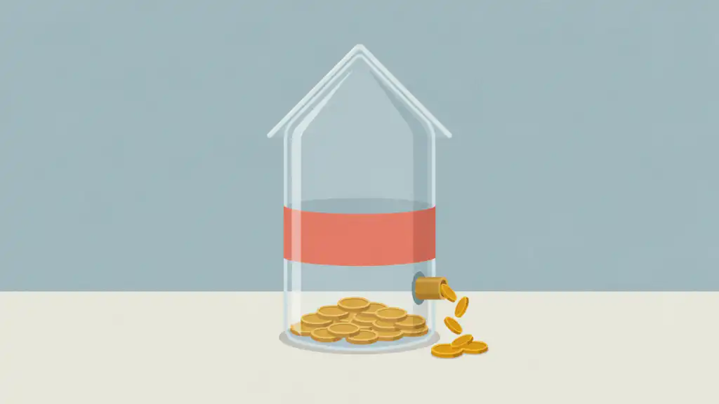 A house-shaped glass jar with its coins sunk below a painted coral band as a spout drains more