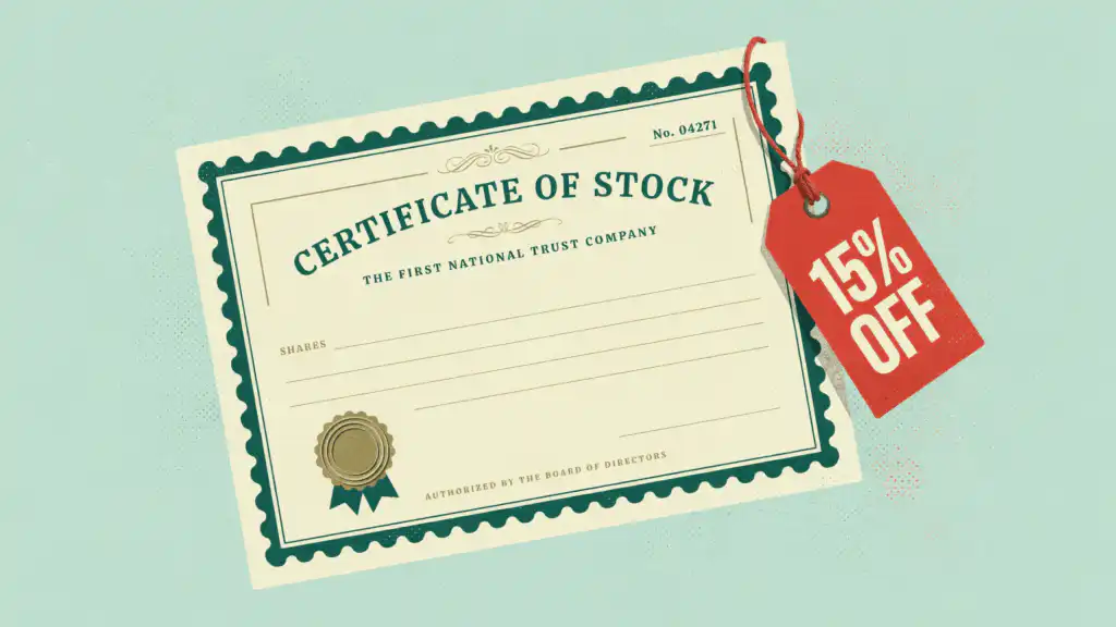 An ESPP discount shown as a stock certificate headed CERTIFICATE OF STOCK with a red sale tag reading 15% OFF