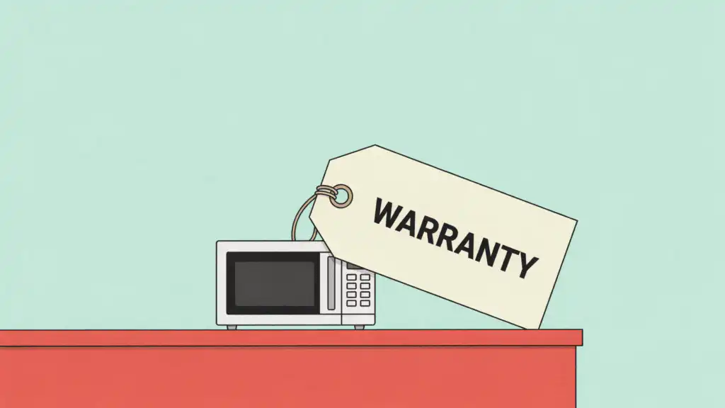 A small microwave dwarfed by a giant cream price tag reading WARRANTY on a red counter